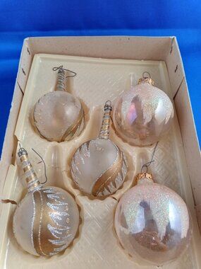 5 vintage glass with hand painted glitter Christmas  ornaments in box